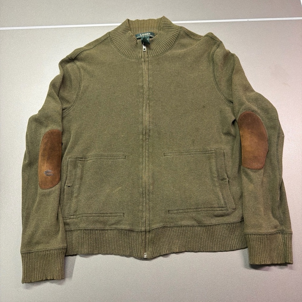 Ralph Lauren Olive Cardigan Sweater Jacket Leather Elbow Patches Women’s Medium